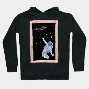 Floating astronaut Ufo alien abduction funny cute spaceship moon mars cosmic space Hoodie